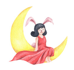 Cute girl rabbit sitting on the crescent moon. Watercolor hand draw illustration.