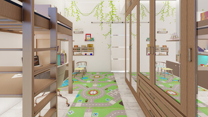 Kids bedroom with wall shelves and space saving furniture 3d rendering