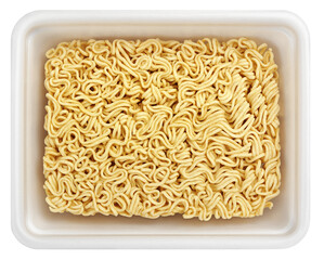Instant noodles in white plastic plate or styrofoam food container isolated on transparent background