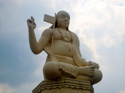 Statue of Madhvacharya. He was an Indian philosopher, theologian. Kannada text in the image translates to Shri Madhvacharyaru.