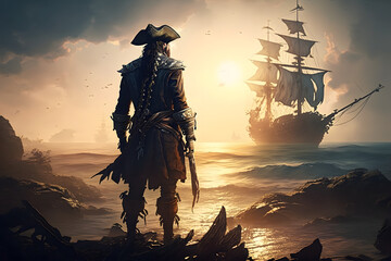 Pirate near ship in the ocean. Generative AI