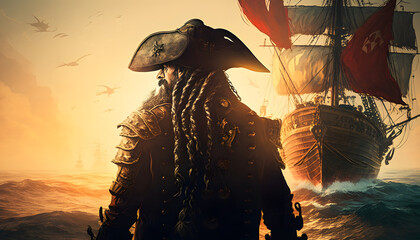Pirate near ship in the ocean. Generative AI