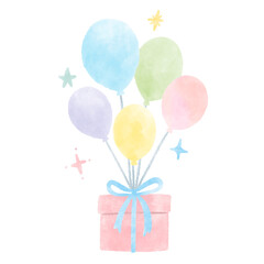 Gift with balloons, present box Cute hand-painted watercolor illustration / 風船がついたプレゼント、ギフトボックス かわいい手描きの水彩イラスト