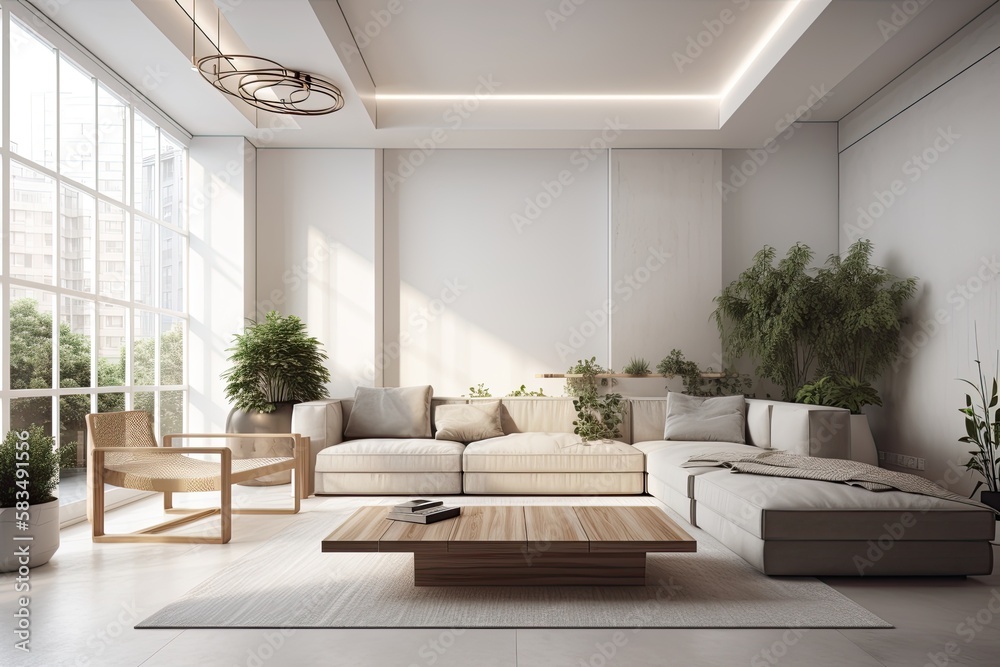 Wall mural Living room with modern minimalist style, ceiling, and natural light. Interior scene and mockup. Generative AI