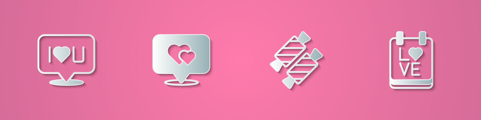 Set paper cut Speech bubble text I love you, Location with heart, Candy and Calendar February 14 icon. Paper art style. Vector
