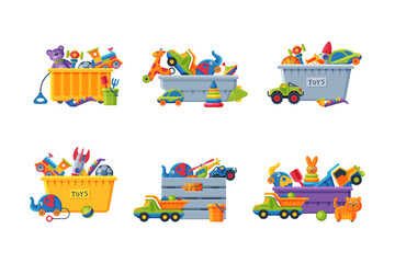 Kids Toy Box with Different Bright Plaything Vector Set