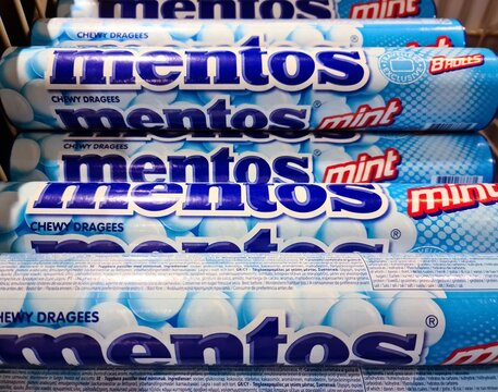 Kiel, Germany - 21.March 2023: Mentos brand peppermint sweets on a supermarket shelf.