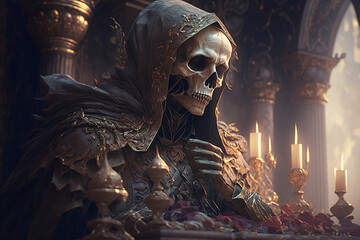 Dead man, death in the castle. Close-up of hooded skull, candles and flower petals indoors. Dark fantasy illustration generative ai - obrazy, fototapety, plakaty