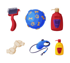 Pet Shop Accessory with Grooming Tool, Ball, Soap, Bone and Leash Vector Set