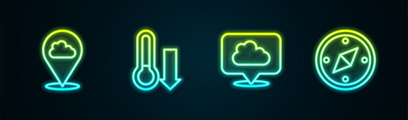 Set line Location cloud, Meteorology thermometer, and Compass. Glowing neon icon. Vector