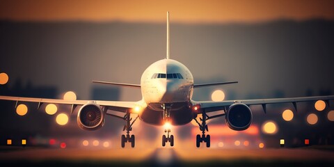 Landing airplane on runway in a golden light, generative ai