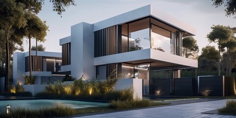 Fototapeta na wymiar Luxury residential development with pool, generative ai