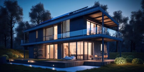 Luxury modern villa with swimming pool and garden, generative ai