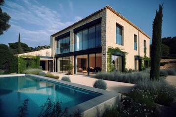 Luxury stone classic updated villa with swimming pool and garden, generative ai
