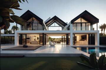 Fototapeta premium Modern luxury home with pool and garden at blue hour, generative ai