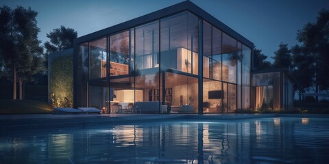Modern luxury home with pool and garden at blue hour, generative ai