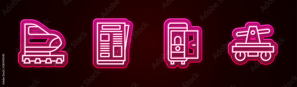 Sticker Set line High-speed train, News, Toilet the car and Draisine or handcar. Glowing neon icon. Vector