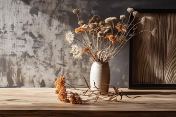 dried flower and a wooden wall to up a still life. Generative AI