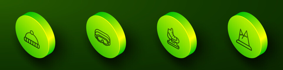 Set Isometric line Winter hat, Ski goggles, Skates and Mountains icon. Vector