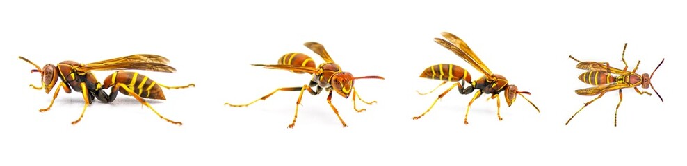 Hunters Little Paper Wasp - Polistes dorsalis dorsalis - 4 different views with extreme detail.  Isolated on white background