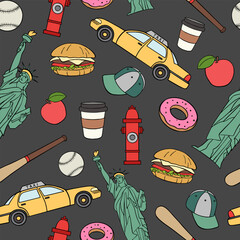 vector seamless pattern with symbols of America, USA. bright pattern with doodle elements on a dark background