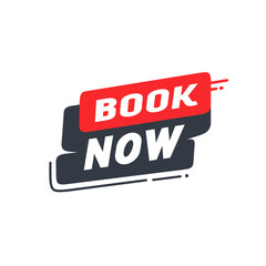 Book now banner template design. Vector illustration isolated on white background. Flat icon.