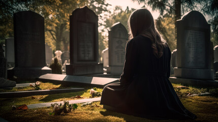 Woman in mourning at cemetery, generative ai