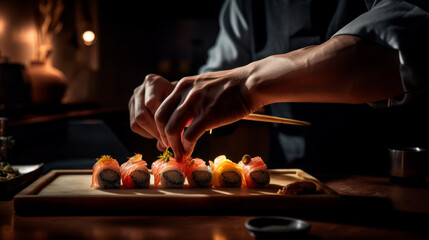 Traditional sushi chef prepairing fresh sushi for dinner, generative ai