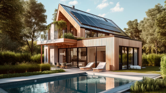 photovoltaic solar panels in modern house roof. Alternative and Renewable energy concept. generative ai