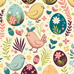 easter seamless pattern with eggs and birds