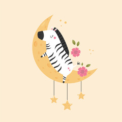 Little cute zebra sleeping on the moon. Adorable animal vector design, illustration © danceyourlife