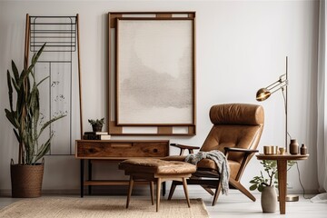 Interior design for a living room with a vintage feel that includes a brwon mock up poster frame, a retro recliner, a table, a plant, a decoration book, and exquisite home accents. Template