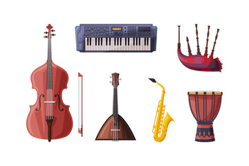 Different Musical Instrument with Cello, Balalaika, Saxophone, Drum, Keyboard and Bagpipe Vector Set. - obrazy, fototapety, plakaty