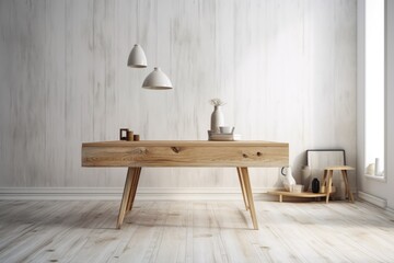 Mockup table and a blank wall in a minimalistic setting. Generative AI