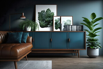 Modernes Wohnzimmer. Elegantes braunes Ledersofa, blaues Sideboard aus Holz, große Pflanze, Bilder an der Wand. - obrazy, fototapety, plakaty