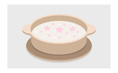 Qing Ming festival food collection isolated on white background. Illustration vector of food dishes for Chinese Tomb Sweeping day festival. Peach blossom porridge bowl, hot pot congee boiled rice