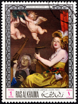 Postage stamp Ras al-Khaimah 1968 Concert, painting by Gerard van Honthorst (1590-1656) Dutch painter