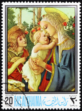 Postage stamp Ras al-Khaimah 1968 Madonna and Child with Saint John, painting by Sandro Botticelli (1445-1510), Italian painter