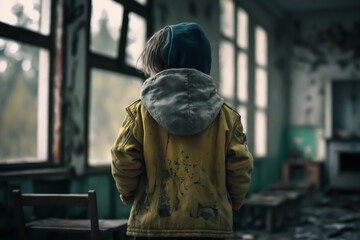 Back view of a child in abandoned school, generative ai