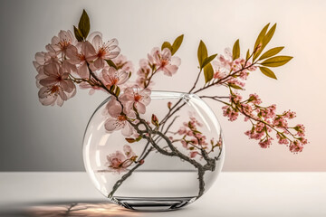 pink cherry branch in vase crystal on white background, generative ai