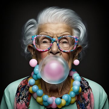 Se&ntilde;ora mayor y moderna haciendo una burbuja de chicle