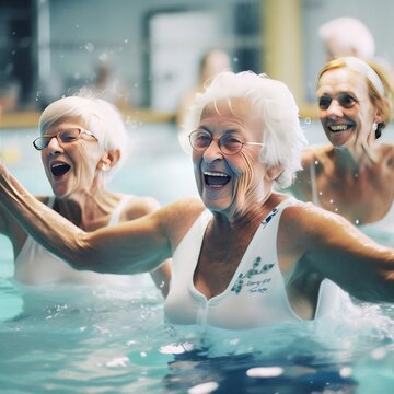 Mujeres mayores felices haciendo aquagym Generative Ai