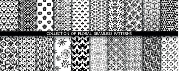Geometric floral set of seamless patterns. White and black vector backgrounds. Damask graphic ornaments.
