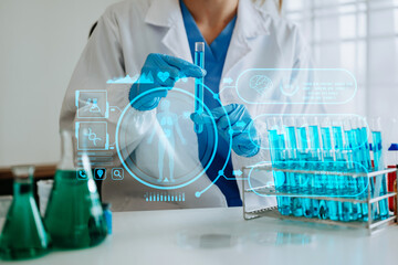 DNA molecule testing concepts. The doctor in a mask examines DNA molecules on the chemical...