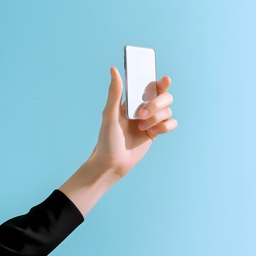 Mobile phone with empty white screen in hand on lightblue background