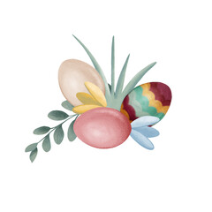 Digital illustration of colorful Easter eggs and spring greens, side view. Stylized decorative symbol of Easter. Hand-drawn clipart in a watercolor style