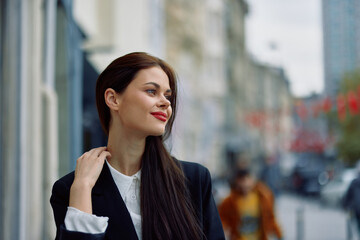 Fototapeta premium Fashion woman smile spring walking in the city in stylish clothes with red, travel, cinematic color, retro vintage style, urban fashion lifestyle.