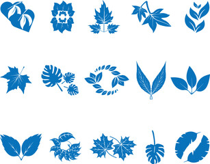 Leaf icon set, 15 tree herbs icon blue vector