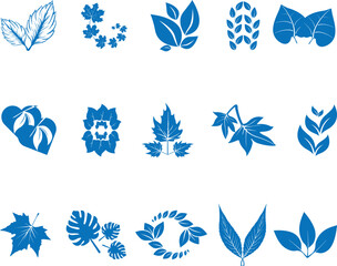 Fototapeta na wymiar Leaf icon set, 15 tree herbs icon blue vector