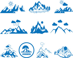 Mountain icon, 10 nature element icon set blue vector